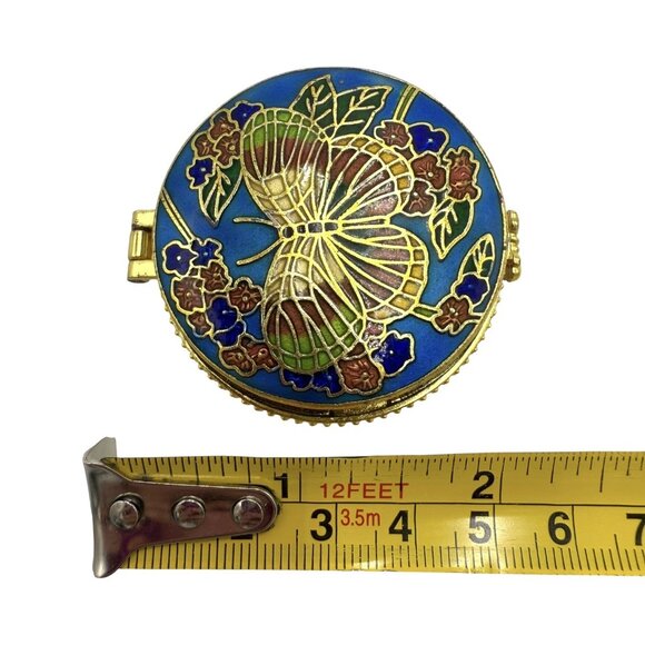Vtg Cloisonné Round Blue Enamel Butterfly Floral Hinged Trinket Pill Box 2” - Picture 7 of 7